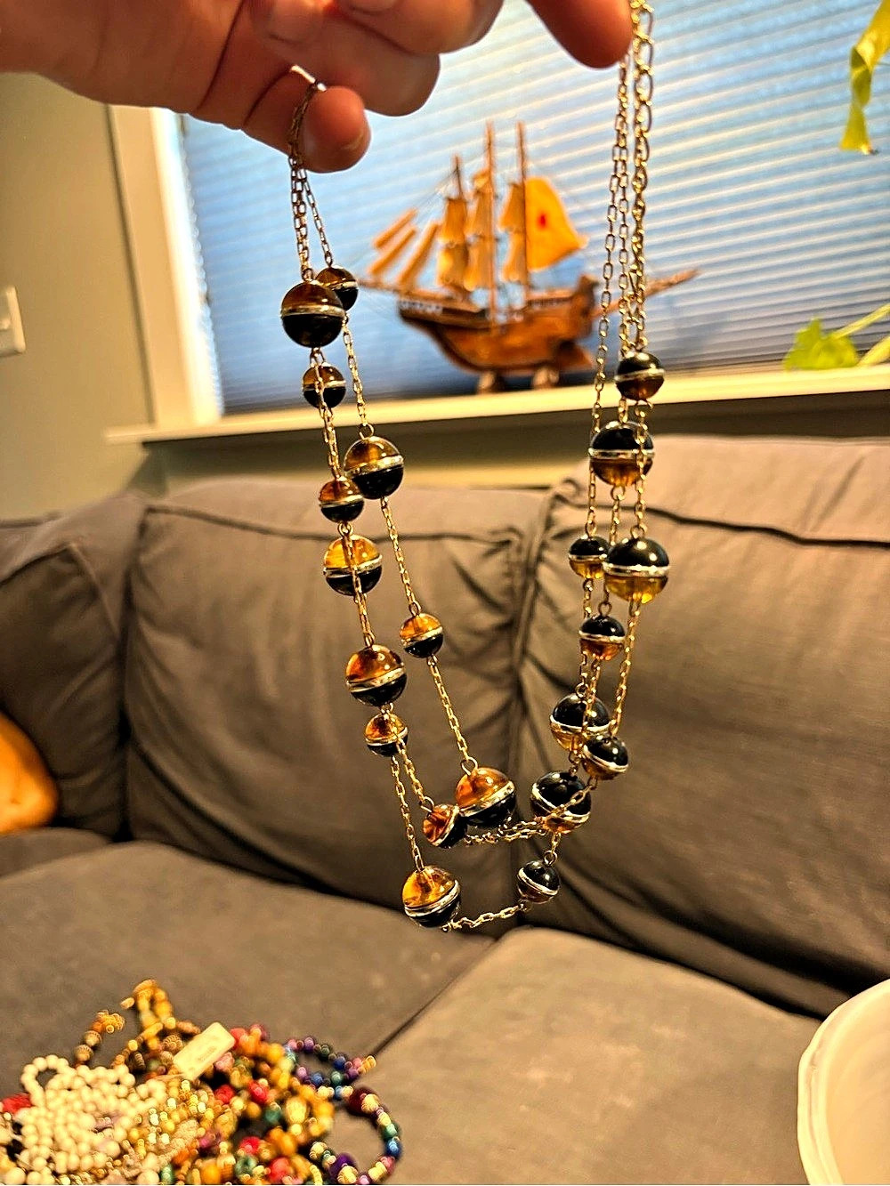 Layered Beaded Necklace in Black & Orange Like New